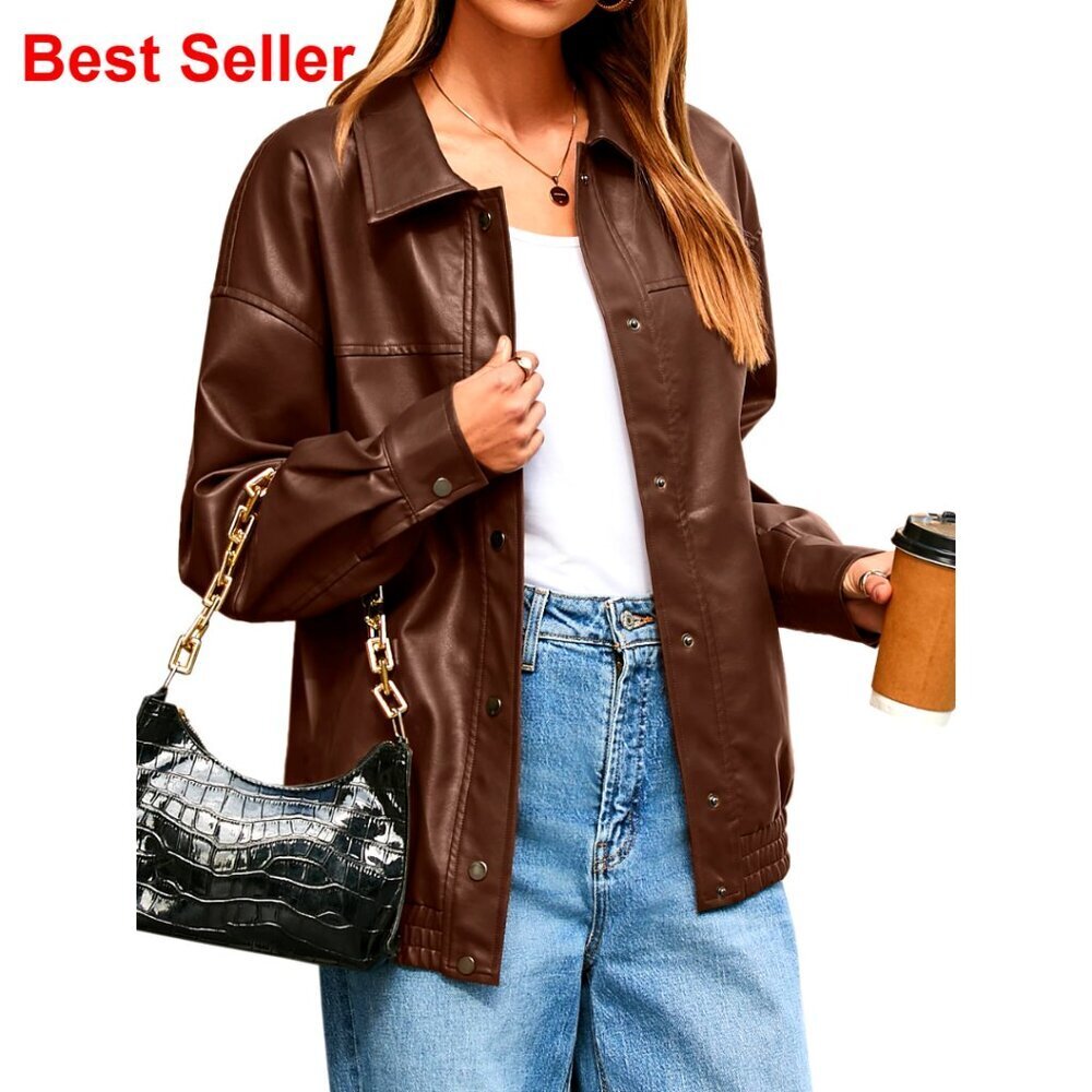 Faux Leather Bomber Jacket Women's Loose Fit Button Down Motorcycle Style